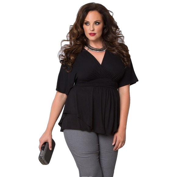Kiyonna Top Promenade Style 1X Black Flutter Sleeves Empire Waist V Neckline - Picture 1 of 8